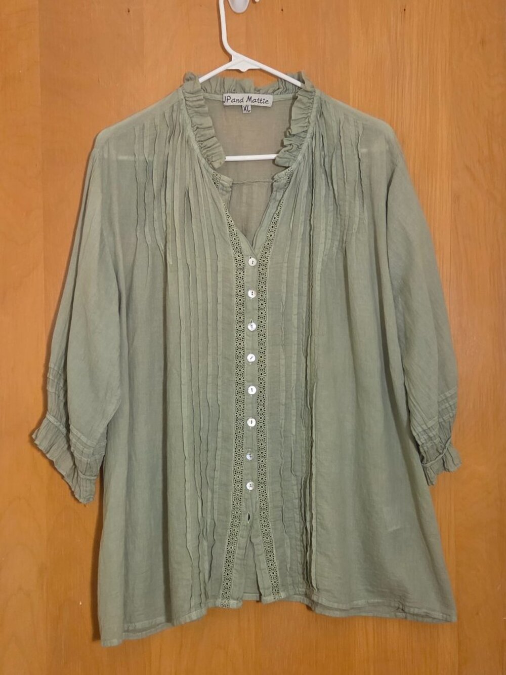 Sundance JP And Mattie Madelaine Blouse Top Womens Sz XL Green Short Sleeve FLAW